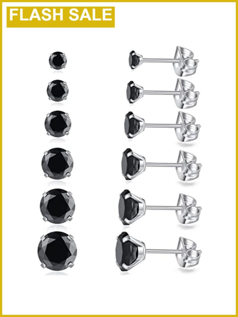 6 Pairs Stud Earrings Set Hypoallergenic Stainless Steel Cubic Zirconia CZ